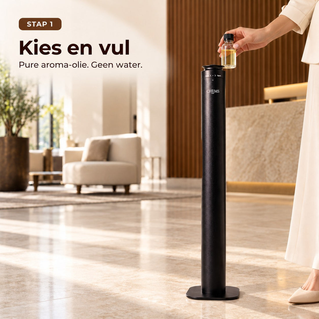 Stap 1: kies en vul de CHEMS Tower Pro met pure aroma-olie, geen water