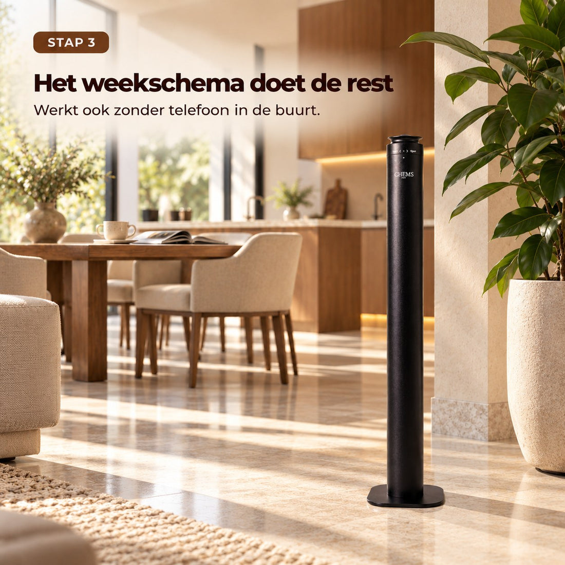 Stap 3: het weekschema van de CHEMS Tower Pro doet de rest, ook zonder telefoon in de buurt